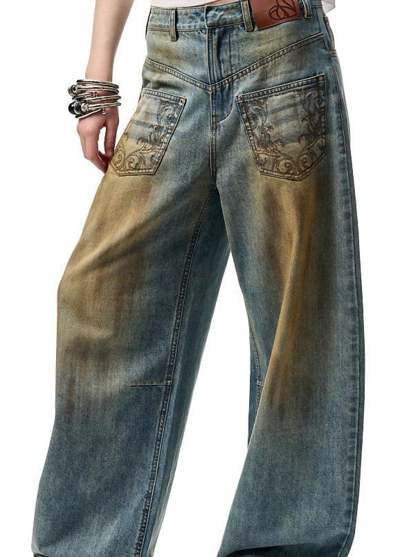 Mud Dye Blue Washed Embroidered Deconstructed Low Rise Women's Barrel-leg Jeans