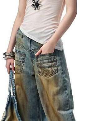 Mud Dye Blue Washed Embroidered Deconstructed Low Rise Women's Barrel-leg Jeans