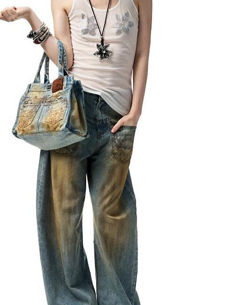 Mud Dye Blue Washed Embroidered Deconstructed Low Rise Women's Barrel-leg Jeans
