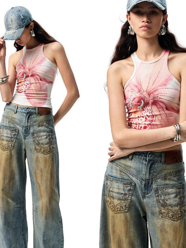 Mud Dye Blue Washed Embroidered Deconstructed Low Rise Women's Barrel-leg Jeans