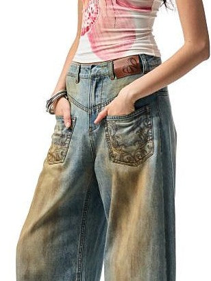 Mud Dye Blue Washed Embroidered Deconstructed Low Rise Women's Barrel-leg Jeans