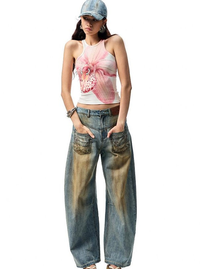 Mud Dye Blue Washed Embroidered Deconstructed Low Rise Women's Barrel-leg Jeans