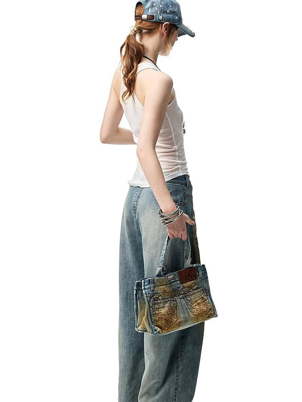 Mud Dye Blue Washed Embroidered Deconstructed Low Rise Women's Barrel-leg Jeans
