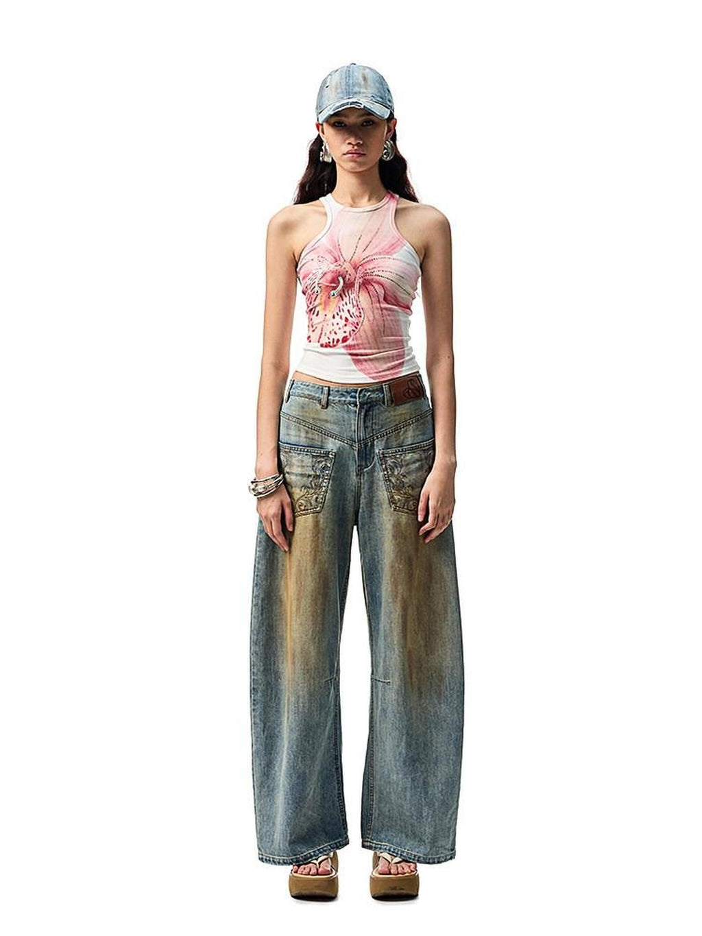 Mud Dye Blue Washed Embroidered Deconstructed Low Rise Women's Barrel-leg Jeans