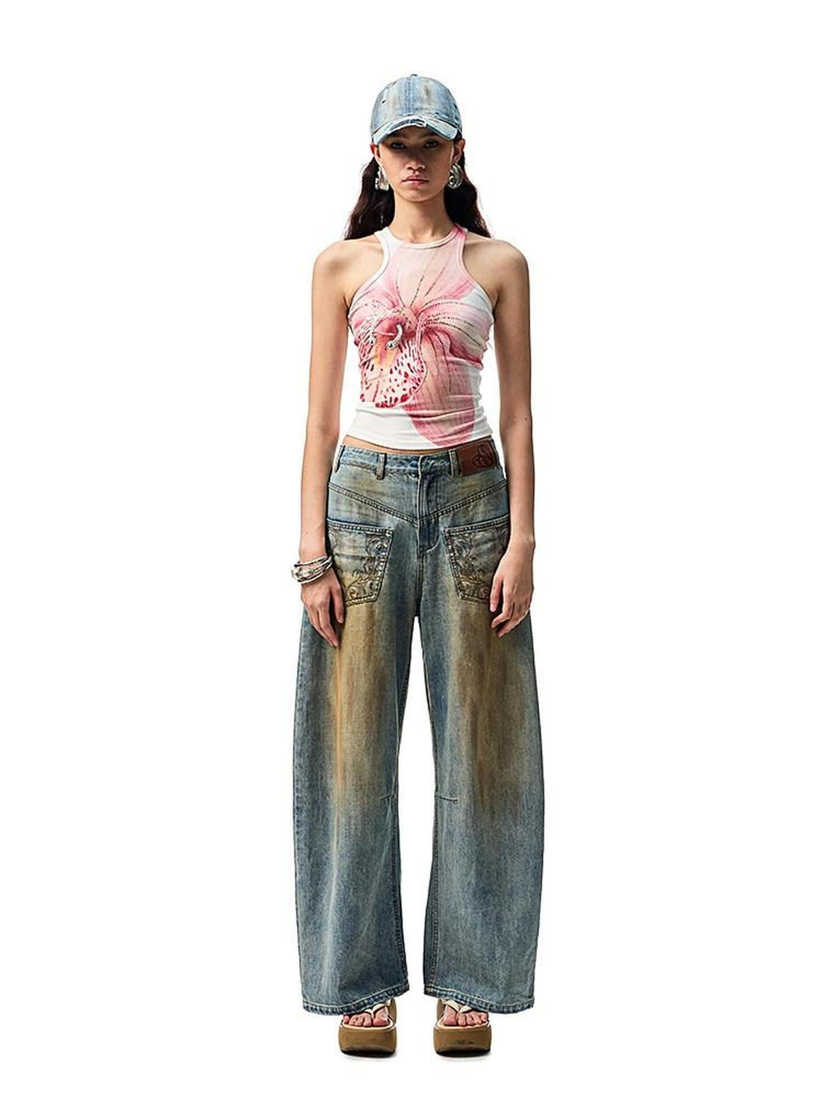 Mud Dye Blue Washed Embroidered Deconstructed Low Rise Women's Barrel-leg Jeans