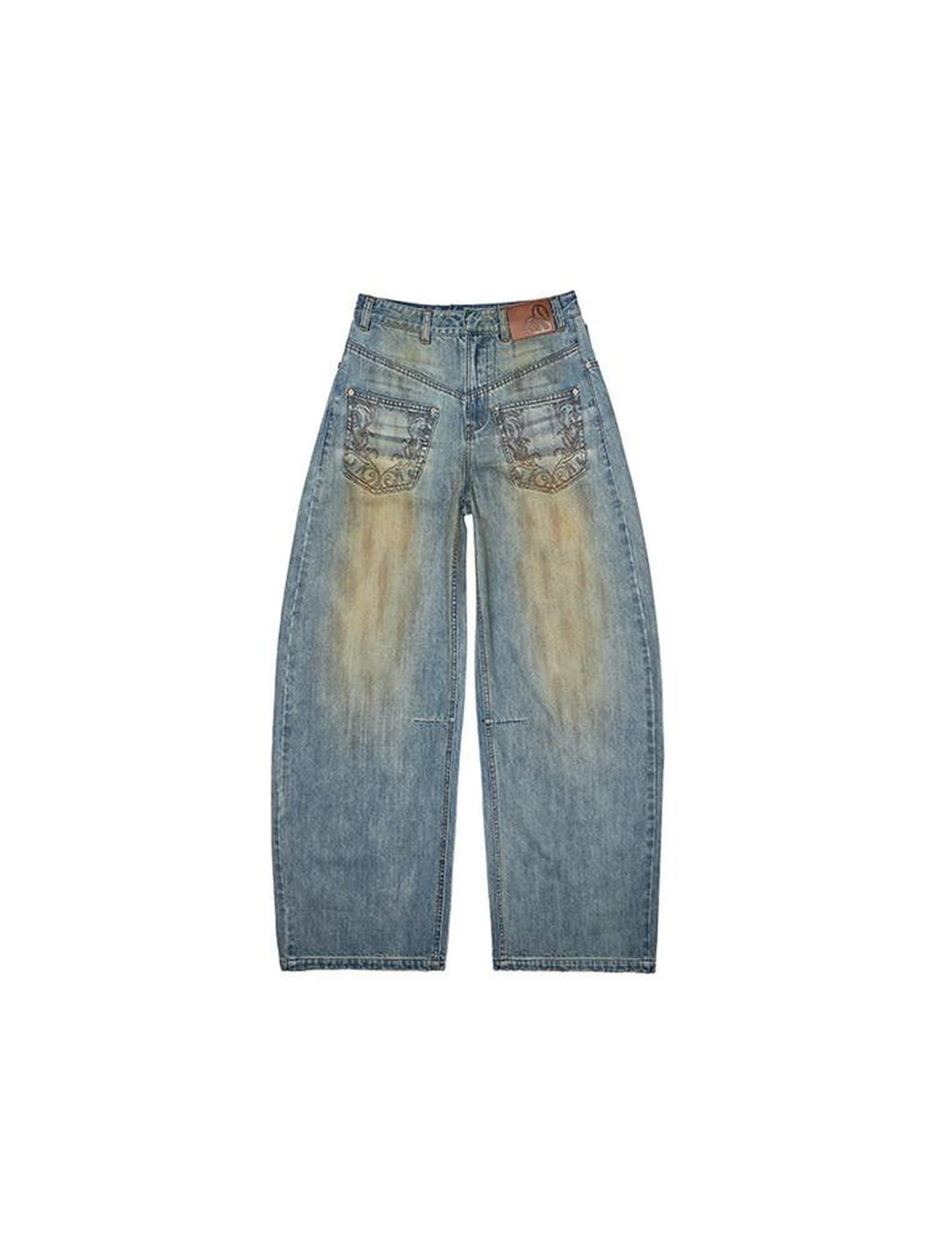 Mud Dye Blue Washed Embroidered Deconstructed Low Rise Women's Barrel-leg Jeans