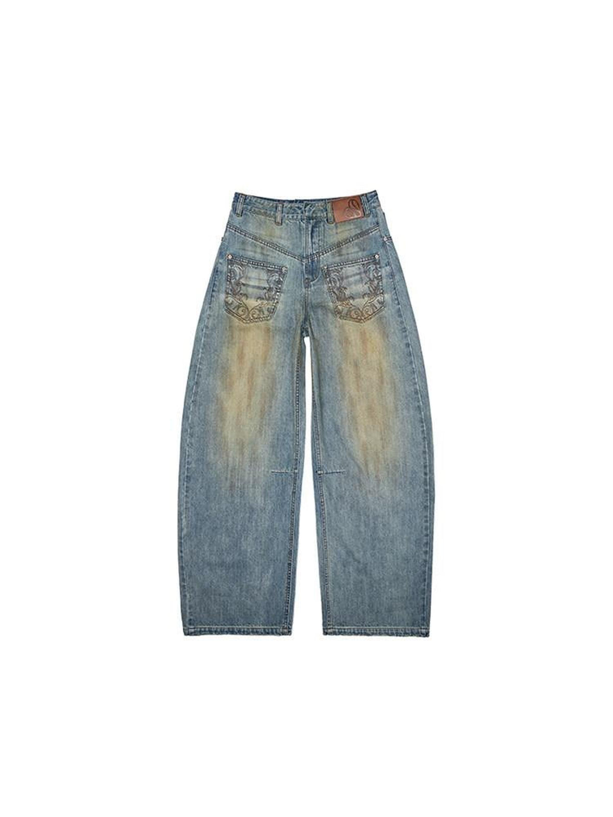 Mud Dye Blue Washed Embroidered Deconstructed Low Rise Women's Barrel-leg Jeans