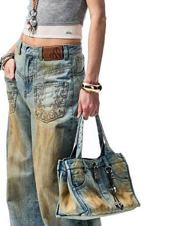 Mud Dye Blue Washed Embroidered Deconstructed Low Rise Women's Barrel-leg Jeans
