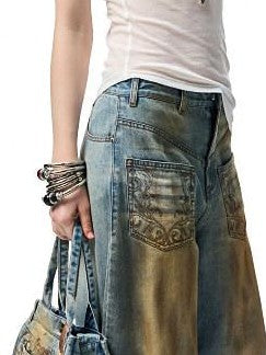 Mud Dye Blue Washed Embroidered Deconstructed Low Rise Women's Barrel-leg Jeans
