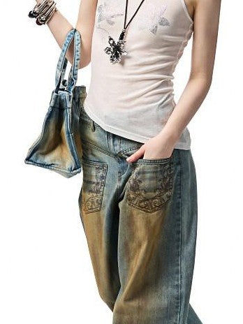 Mud Dye Blue Washed Embroidered Deconstructed Low Rise Women's Barrel-leg Jeans