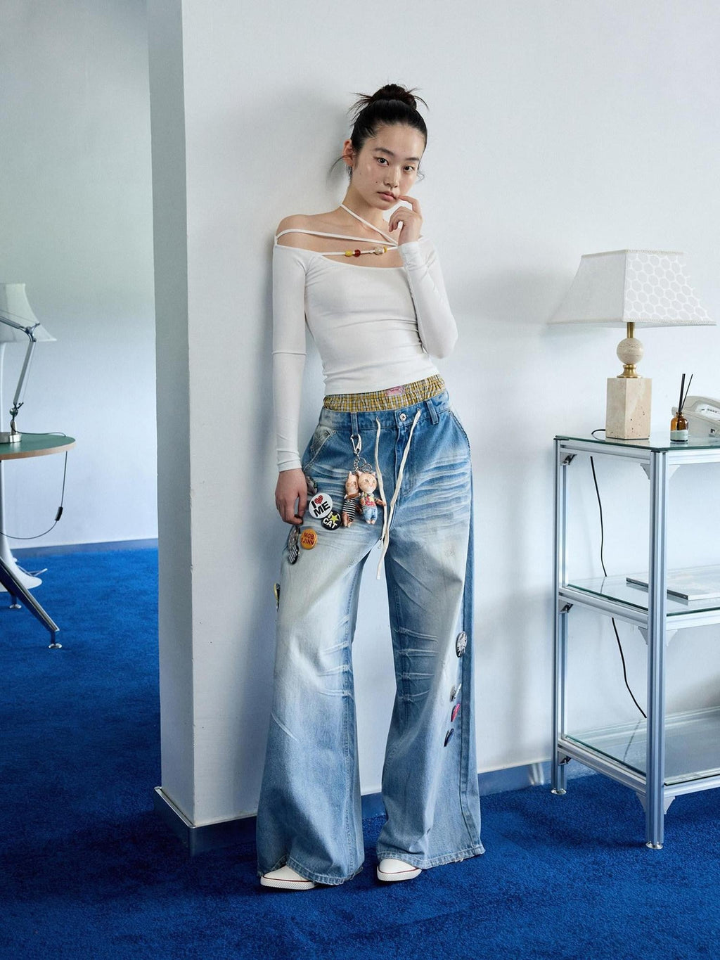Mud Dyed Washed Blue Distressed Whisker Scratch Women's Cotton Wide-leg Jeans