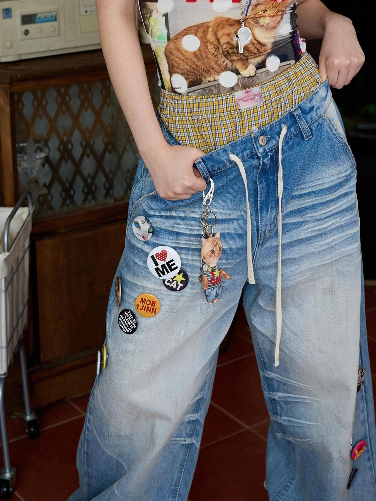 Mud Dyed Washed Blue Distressed Whisker Scratch Women's Cotton Wide-leg Jeans