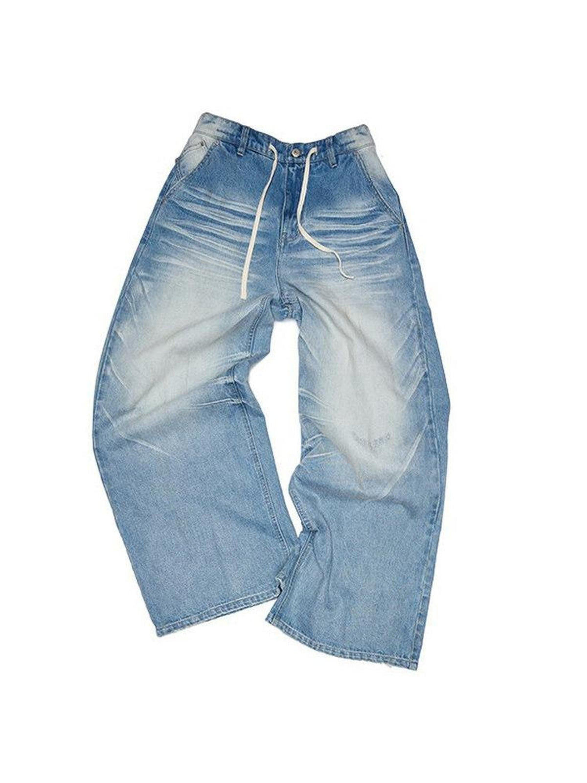 Mud Dyed Washed Blue Distressed Whisker Scratch Women's Cotton Wide-leg Jeans
