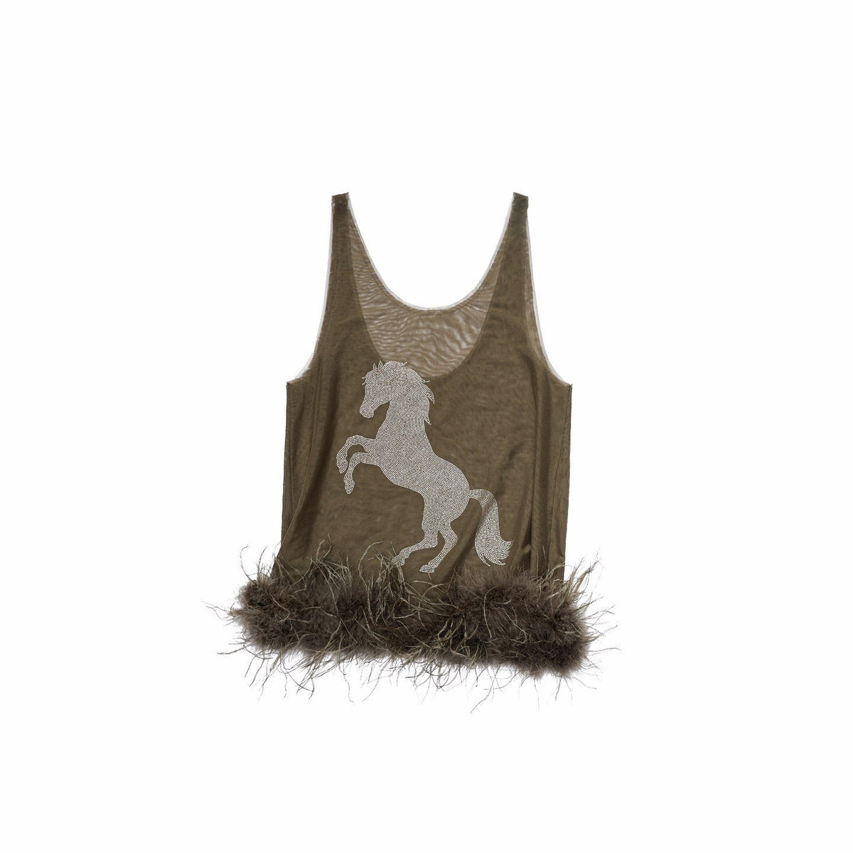 Ostrich Feather Hem Rhinestone Embellished U Neck Women's Sheer Mesh Tank Tops