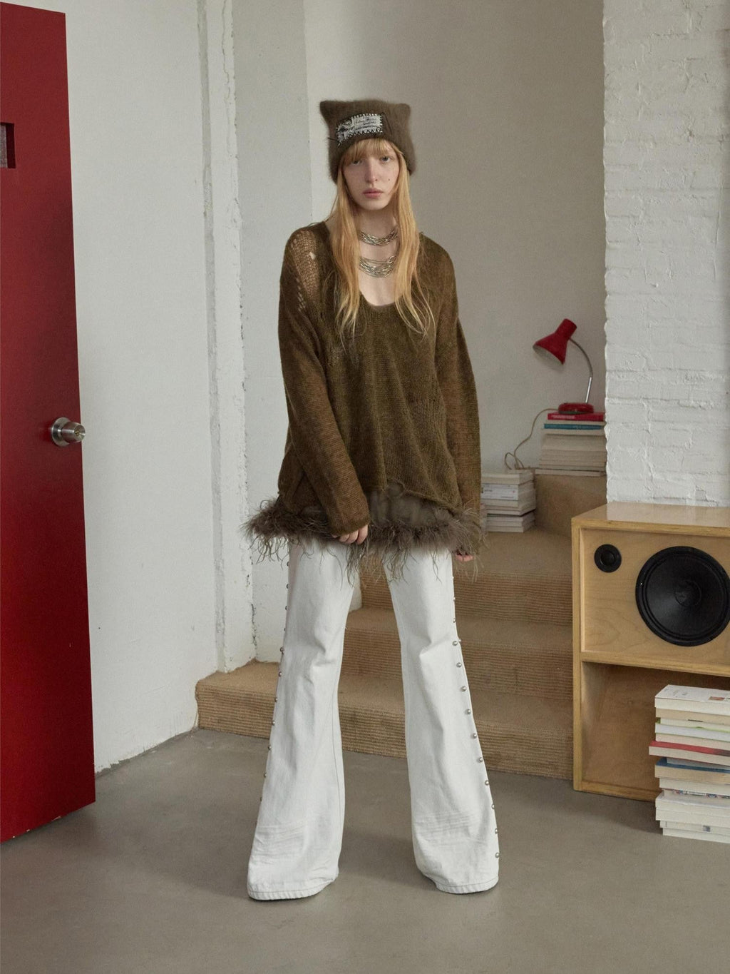 Ostrich Feather Hem Rhinestone Embellished U Neck Women's Sheer Mesh Tank Tops