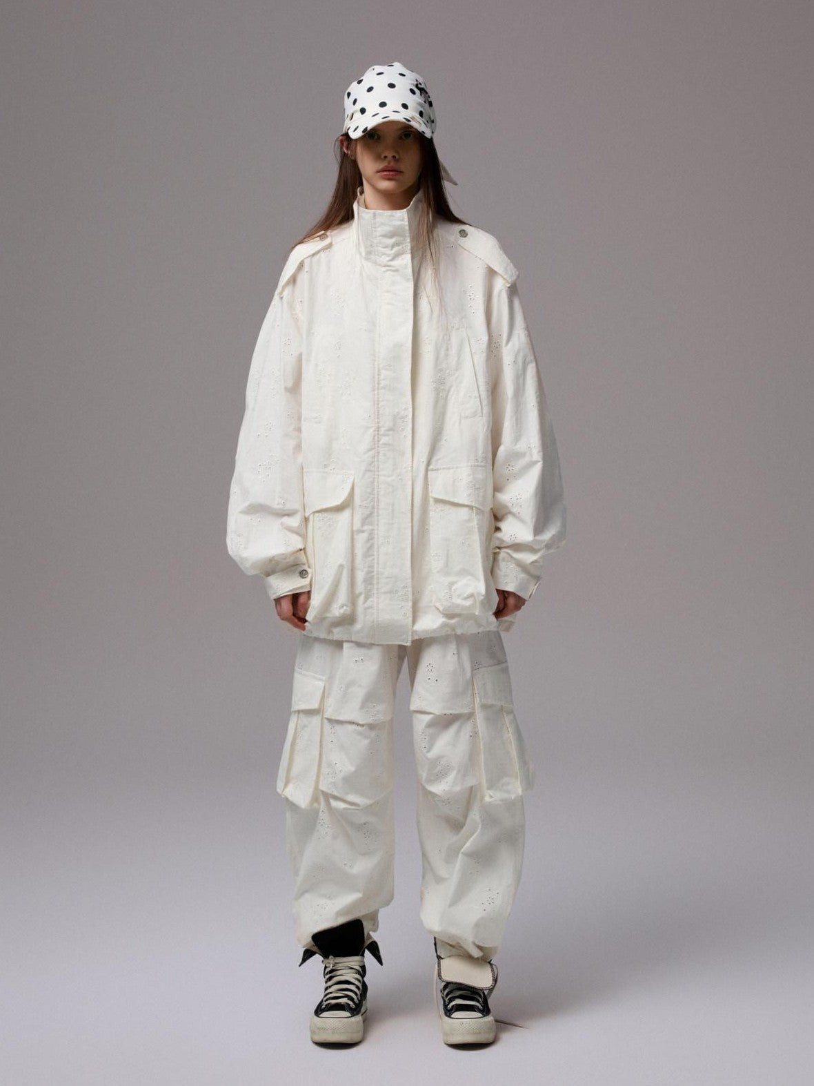 Pleated Balloon Embroidered Multi Pocket Women's Jacquard Cargo Pants