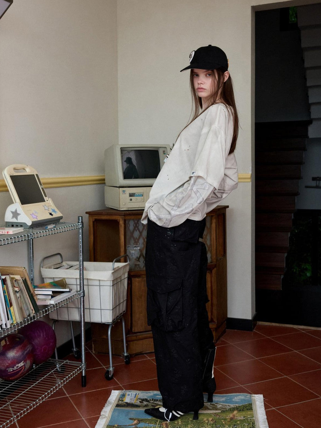 Pleated Balloon Embroidered Multi Pocket Women's Jacquard Cargo Pants