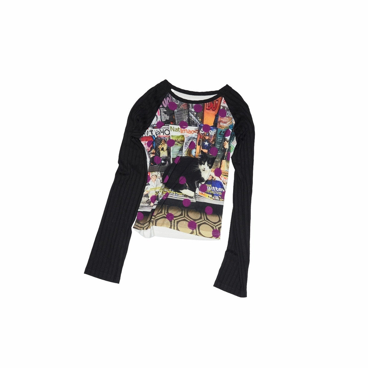 Polka Dot Cat And Dog Print Colorblock Slim Women's Viscose Long Sleeve T-shirts