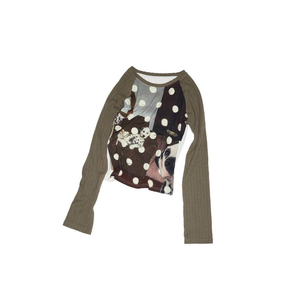 Polka Dot Cat And Dog Print Colorblock Slim Women's Viscose Long Sleeve T-shirts