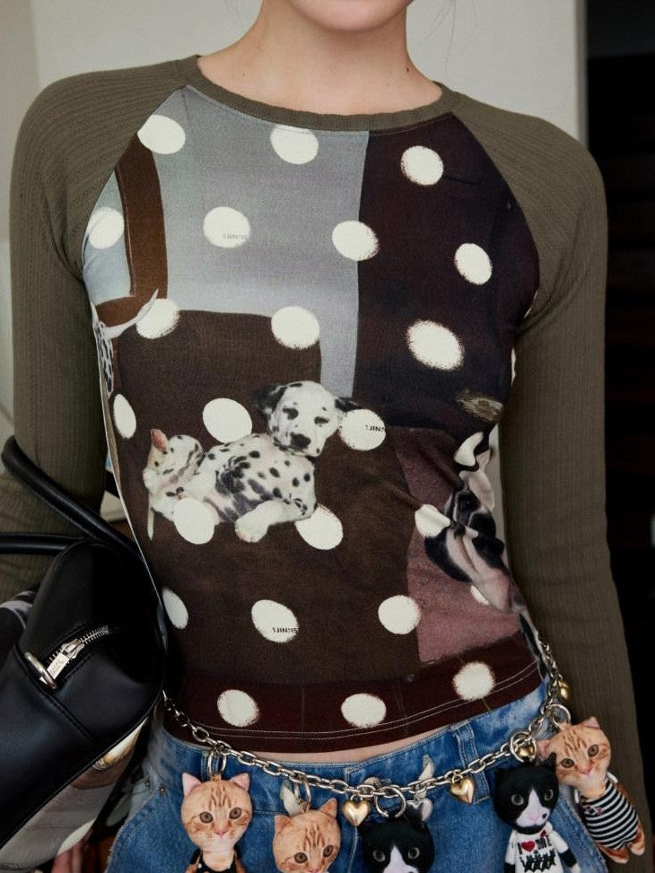 Polka Dot Cat And Dog Print Colorblock Slim Women's Viscose Long Sleeve T-shirts