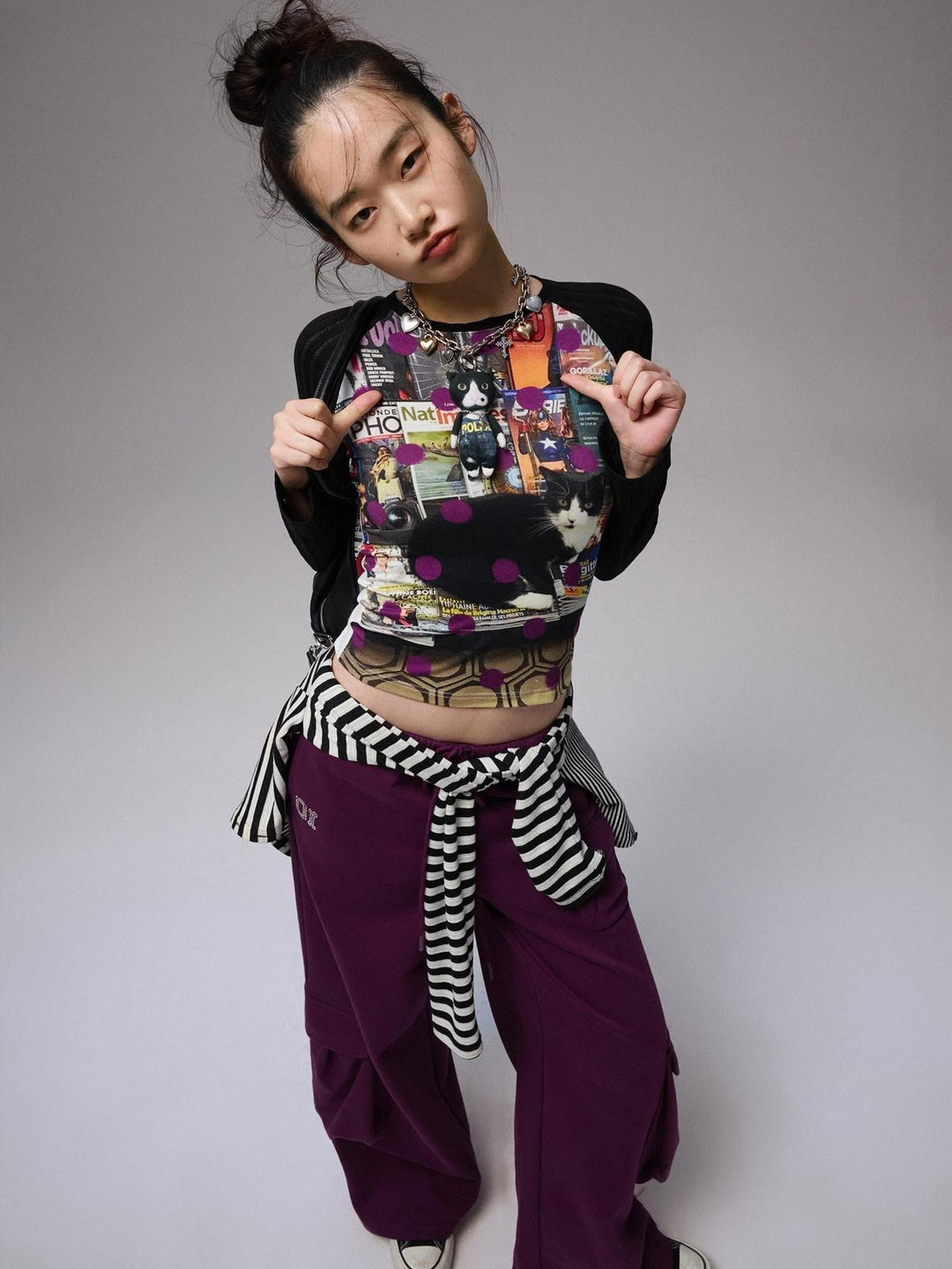 Polka Dot Cat And Dog Print Colorblock Slim Women's Viscose Long Sleeve T-shirts
