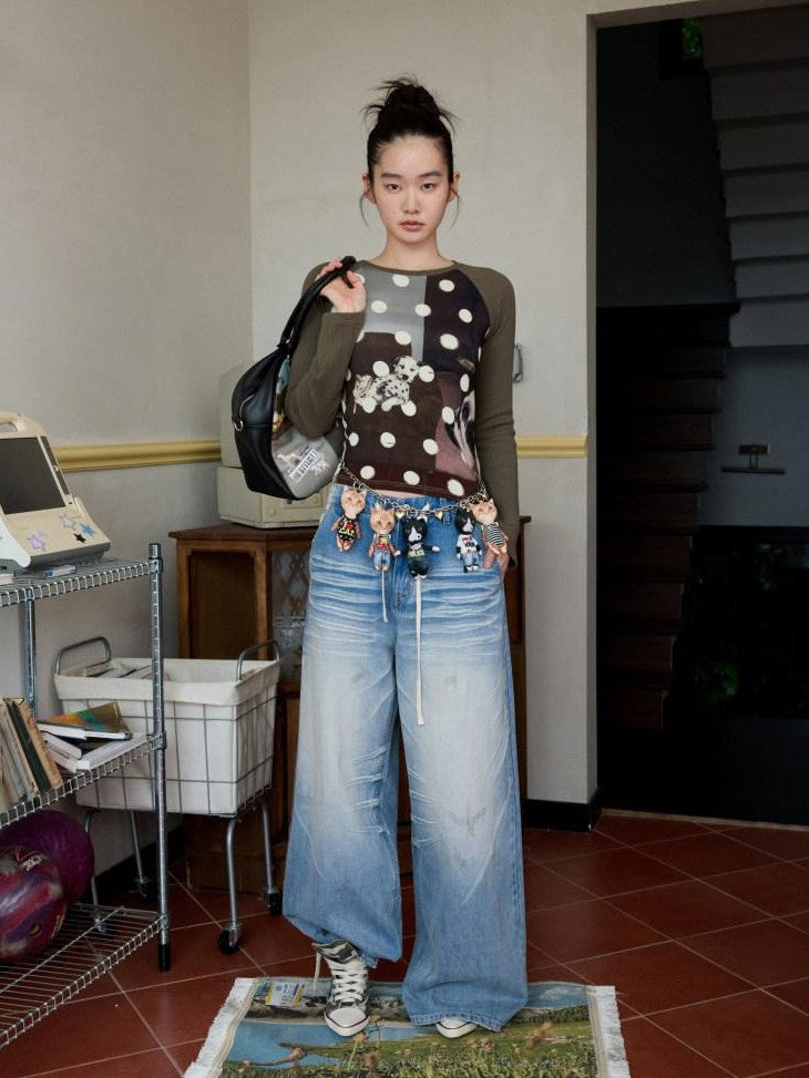 Polka Dot Cat And Dog Print Colorblock Slim Women's Viscose Long Sleeve T-shirts
