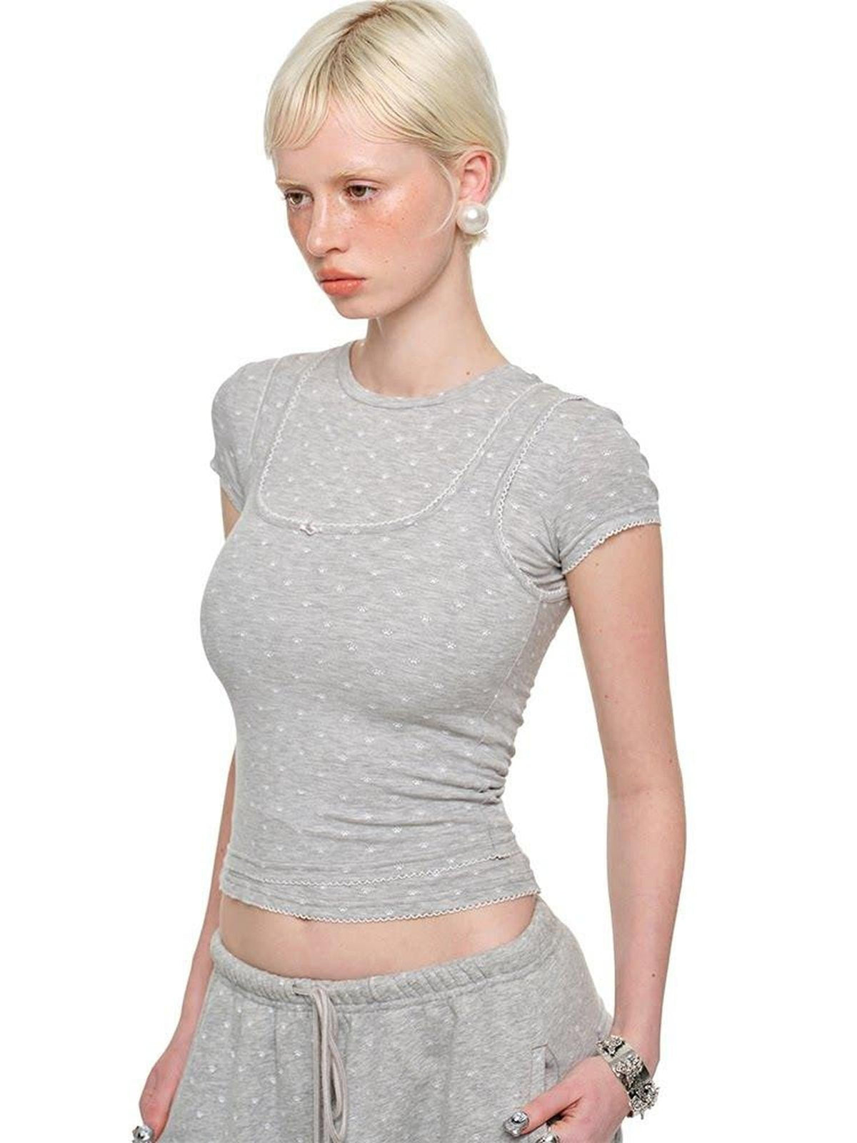 Polka Dot Cat Paw Crew Neck Slim Fit Short Sleeve Women's Crop Tops