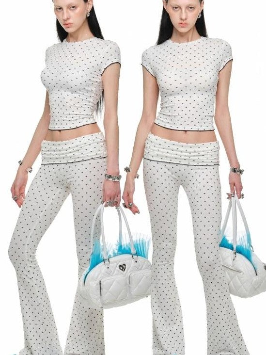 Polka Dot Cat Paw Crew Neck Slim Fit Short Sleeve Women's Crop Tops