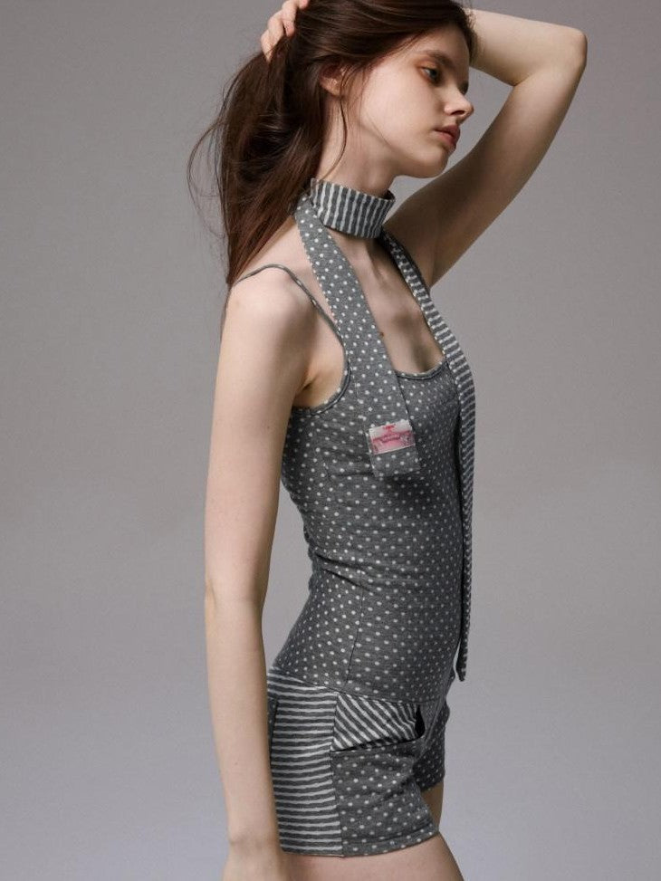 Polka Dot Striped Reversible Spaghetti Jumpsuit Short Cover Women's Sets & Suits