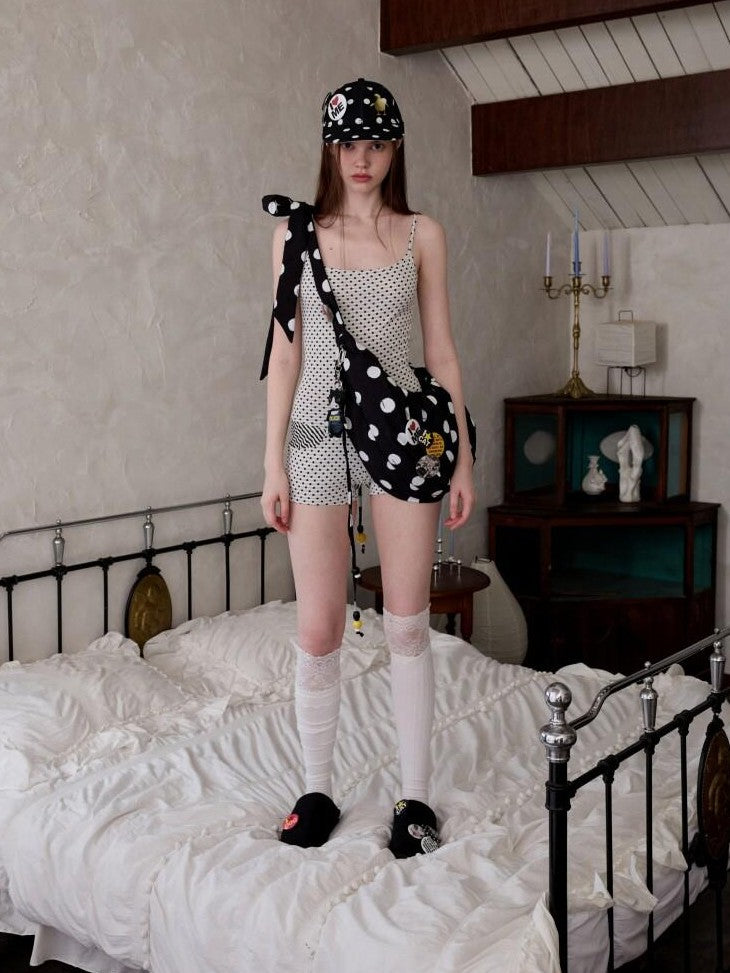 Polka Dot Striped Reversible Spaghetti Jumpsuit Short Cover Women's Sets & Suits