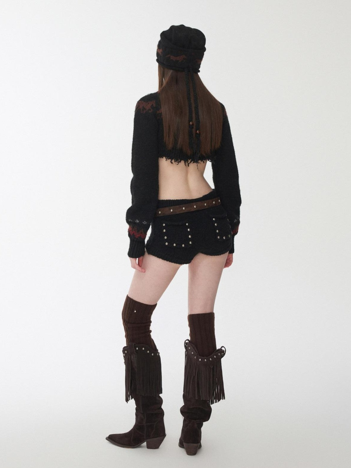 Pony Jacquard Knit Short Cardigan High Waist Women's Casual Top & Shorts Sets