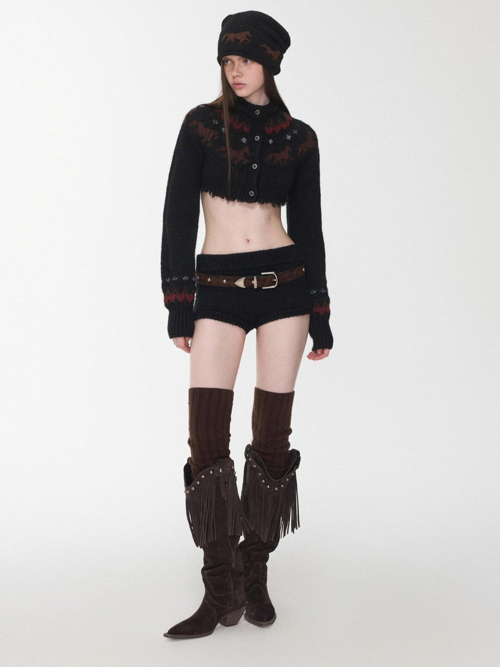Pony Jacquard Knit Short Cardigan High Waist Women's Casual Top & Shorts Sets