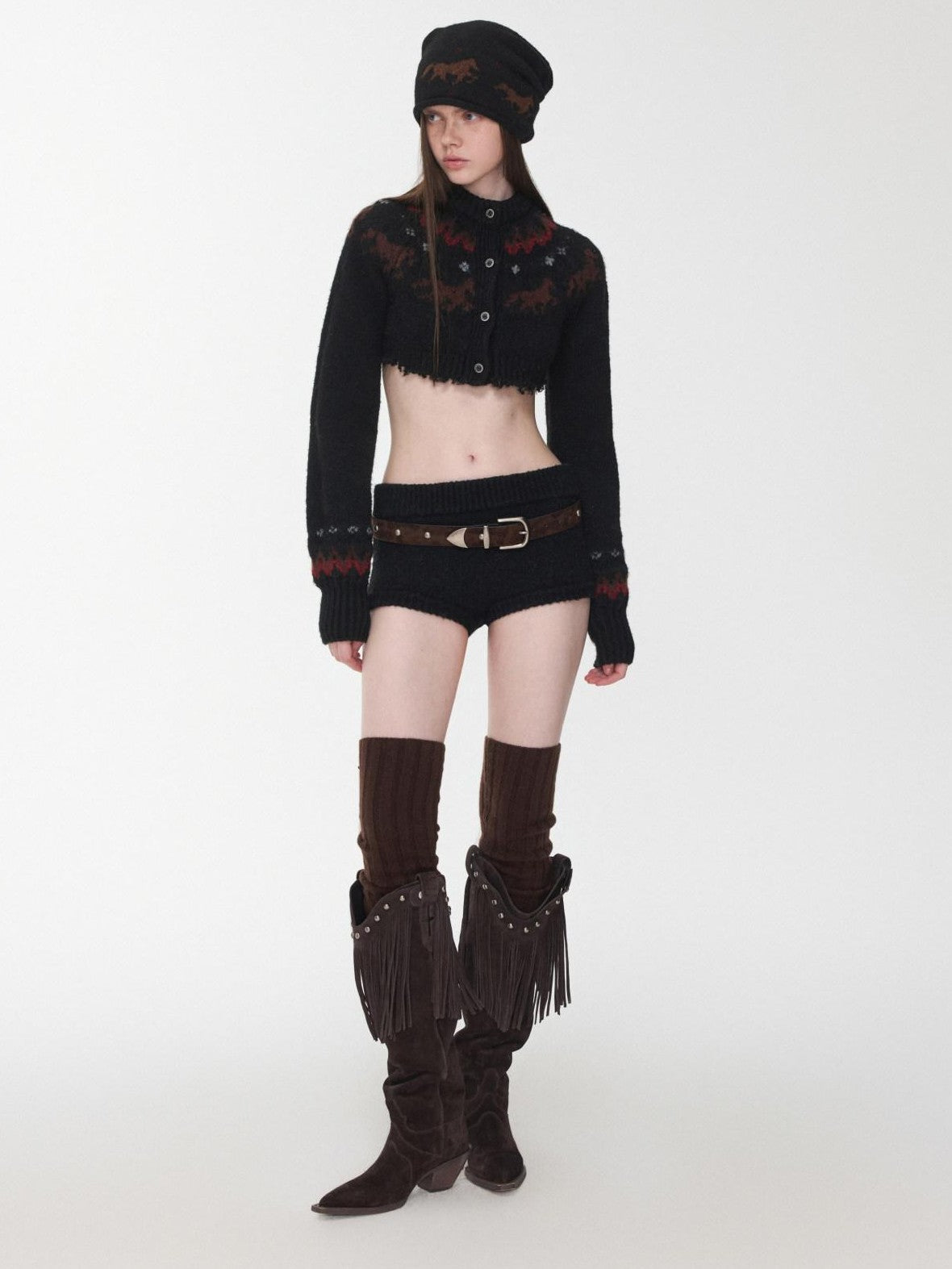 Pony Jacquard Knit Short Cardigan High Waist Women's Casual Top & Shorts Sets