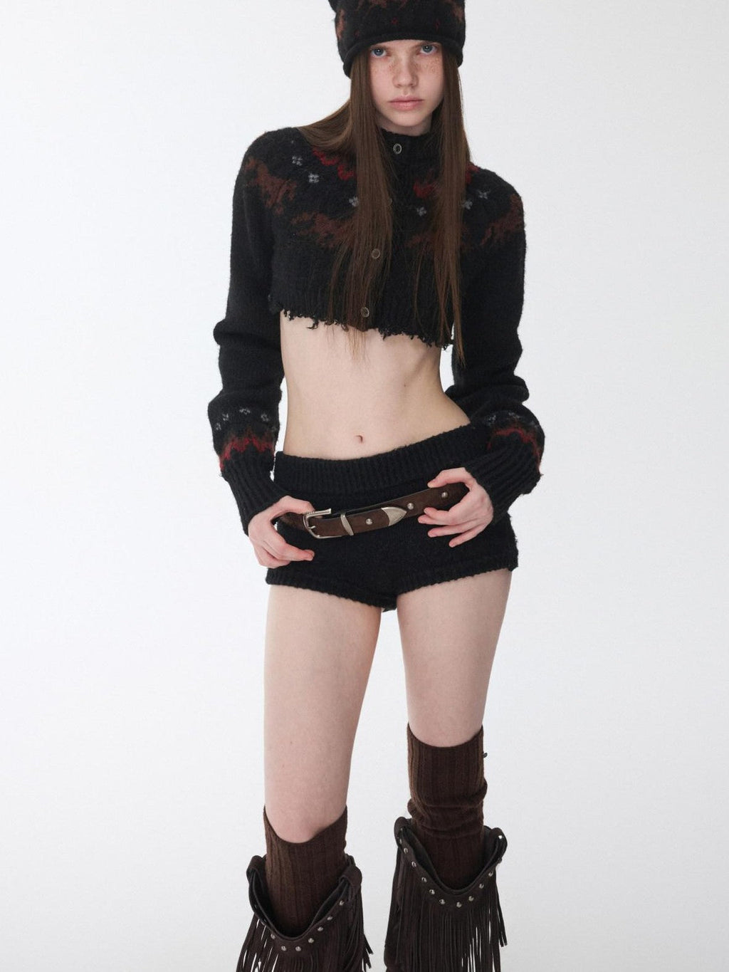 Pony Jacquard Knit Short Cardigan High Waist Women's Casual Top & Shorts Sets