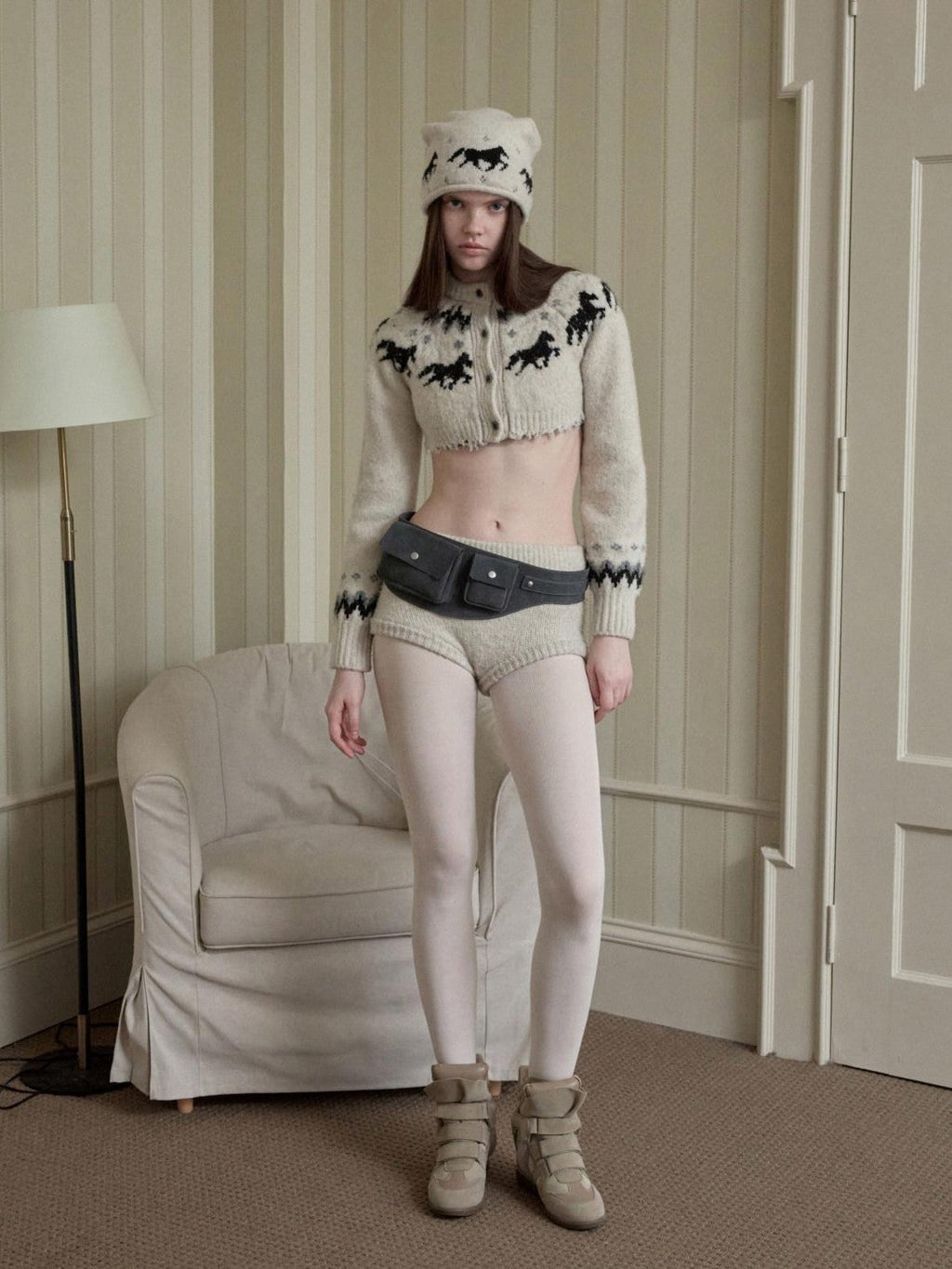 Pony Jacquard Knit Short Cardigan High Waist Women's Casual Top & Shorts Sets