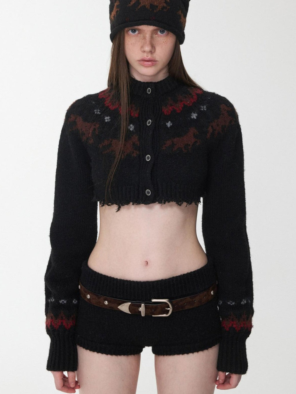 Pony Jacquard Knit Short Cardigan High Waist Women's Casual Top & Shorts Sets
