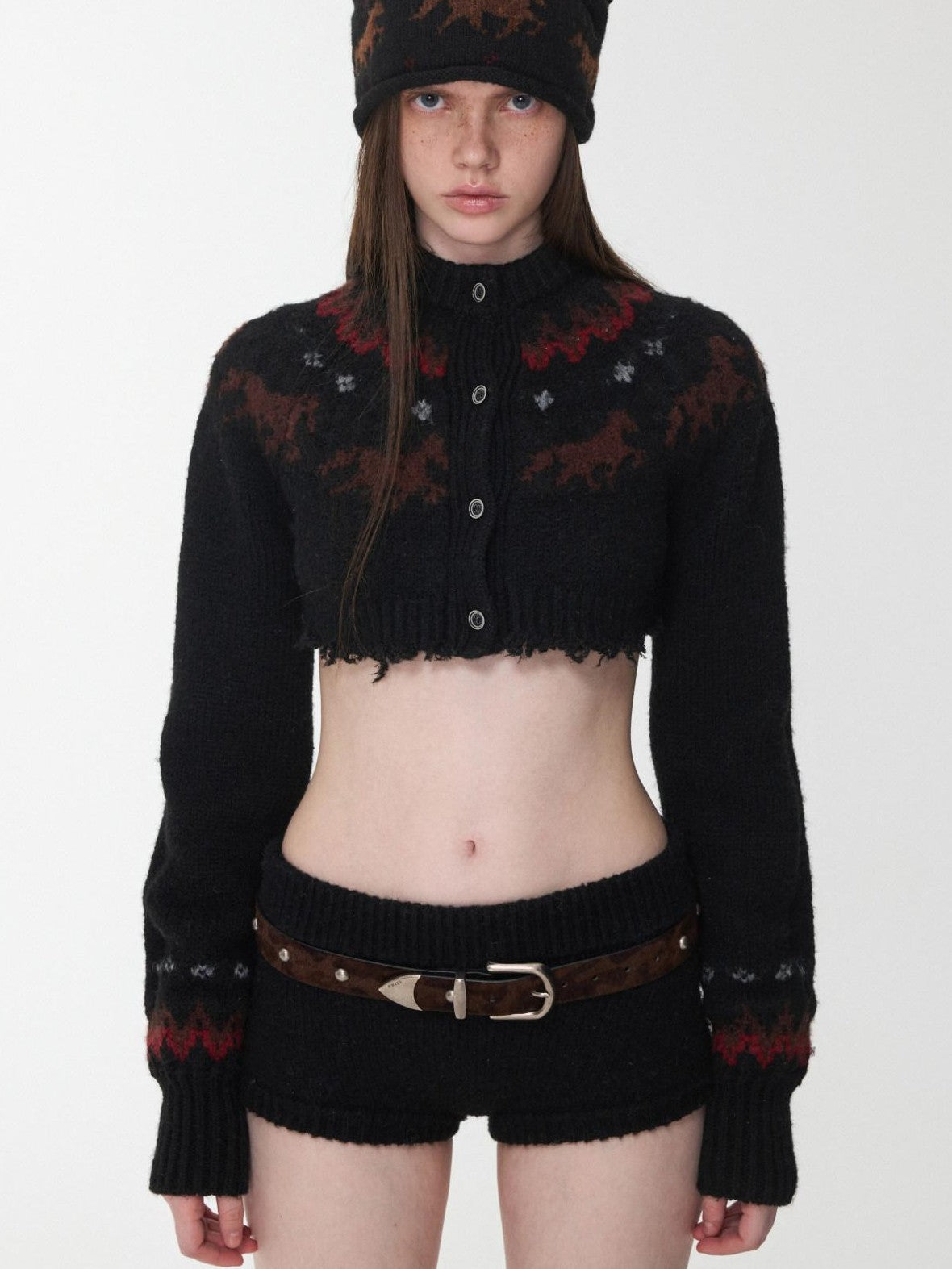 Pony Jacquard Knit Short Cardigan High Waist Women's Casual Top & Shorts Sets