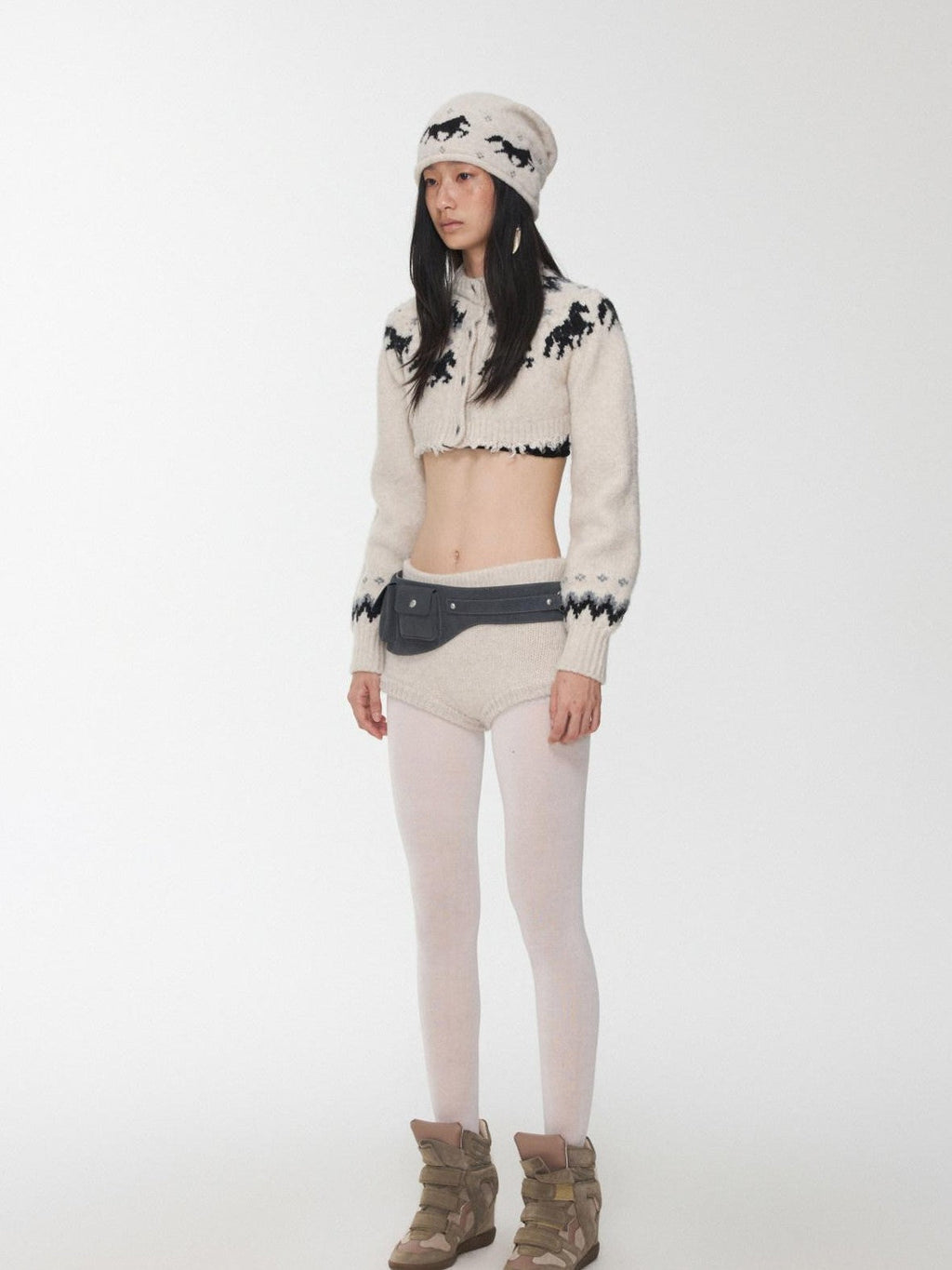 Pony Jacquard Knit Short Cardigan High Waist Women's Casual Top & Shorts Sets