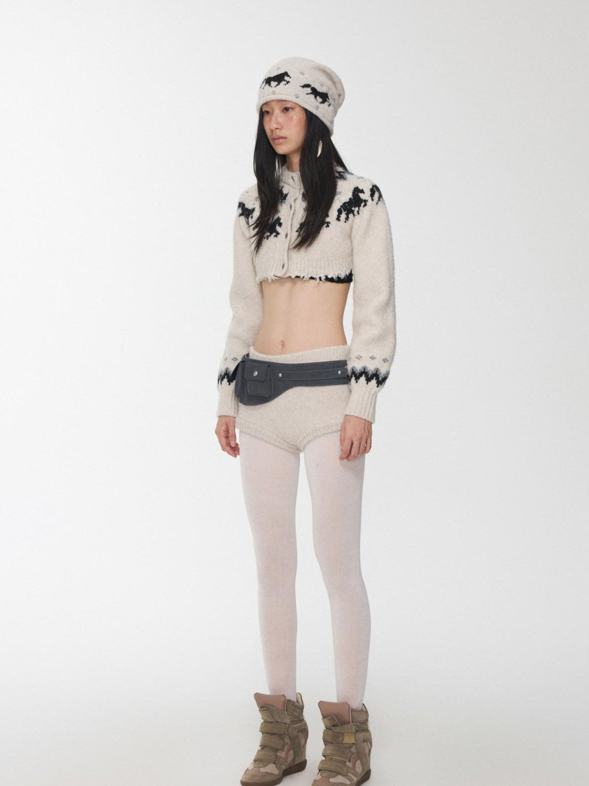 Pony Jacquard Knit Short Cardigan High Waist Women's Casual Top & Shorts Sets