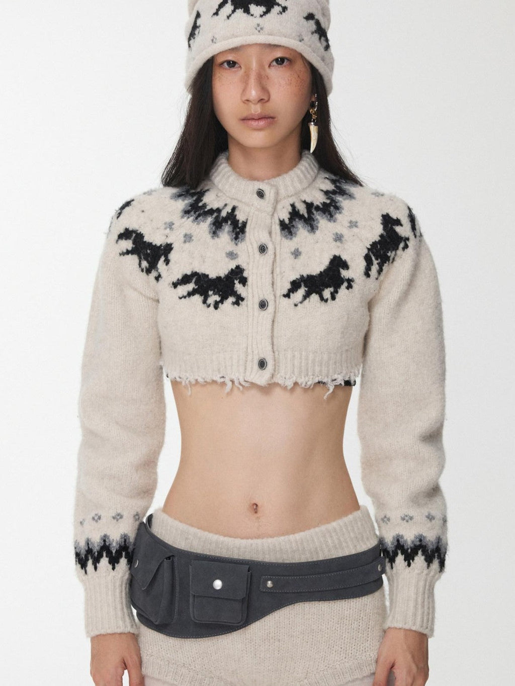Pony Jacquard Knit Short Cardigan High Waist Women's Casual Top & Shorts Sets