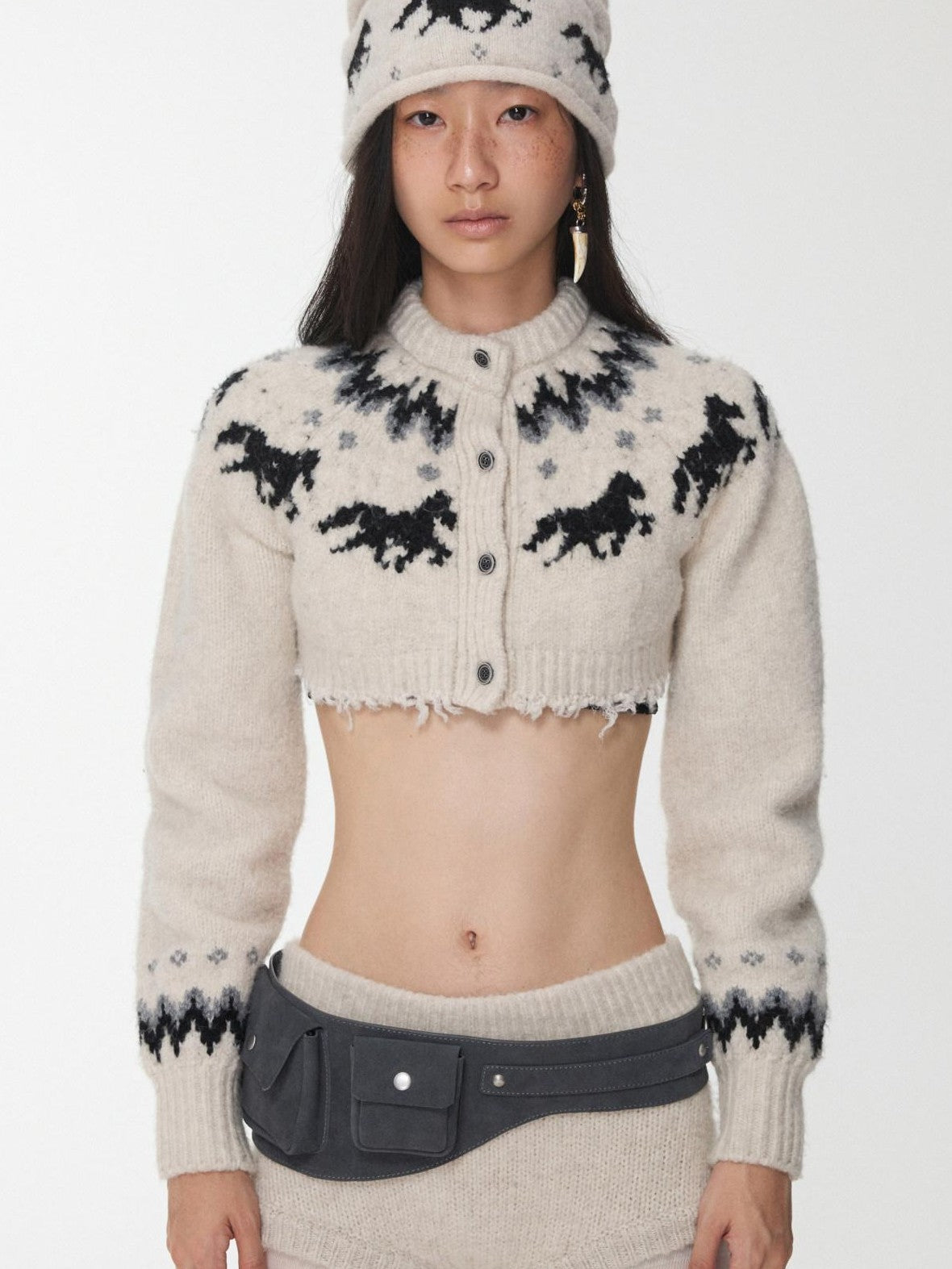 Pony Jacquard Knit Short Cardigan High Waist Women's Casual Top & Shorts Sets