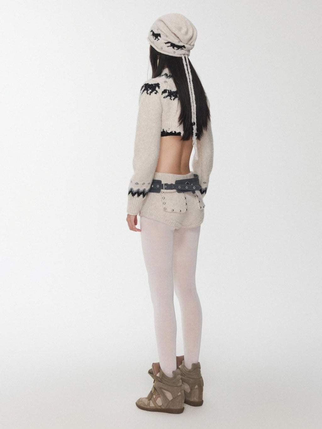 Pony Jacquard Knit Short Cardigan High Waist Women's Casual Top & Shorts Sets
