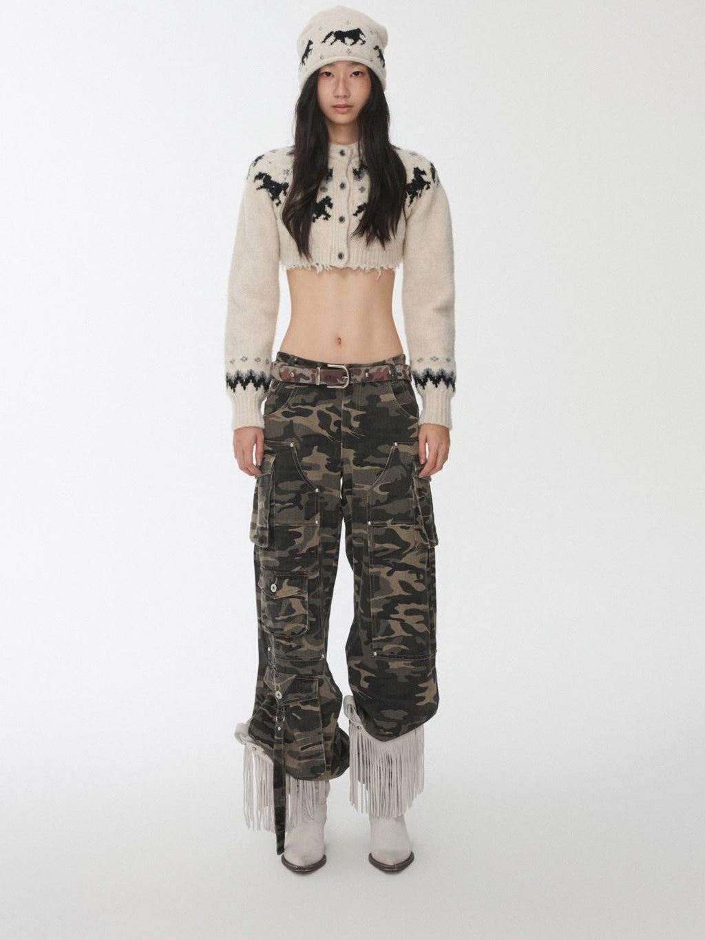 Pony Jacquard Knit Short Cardigan High Waist Women's Casual Top & Shorts Sets