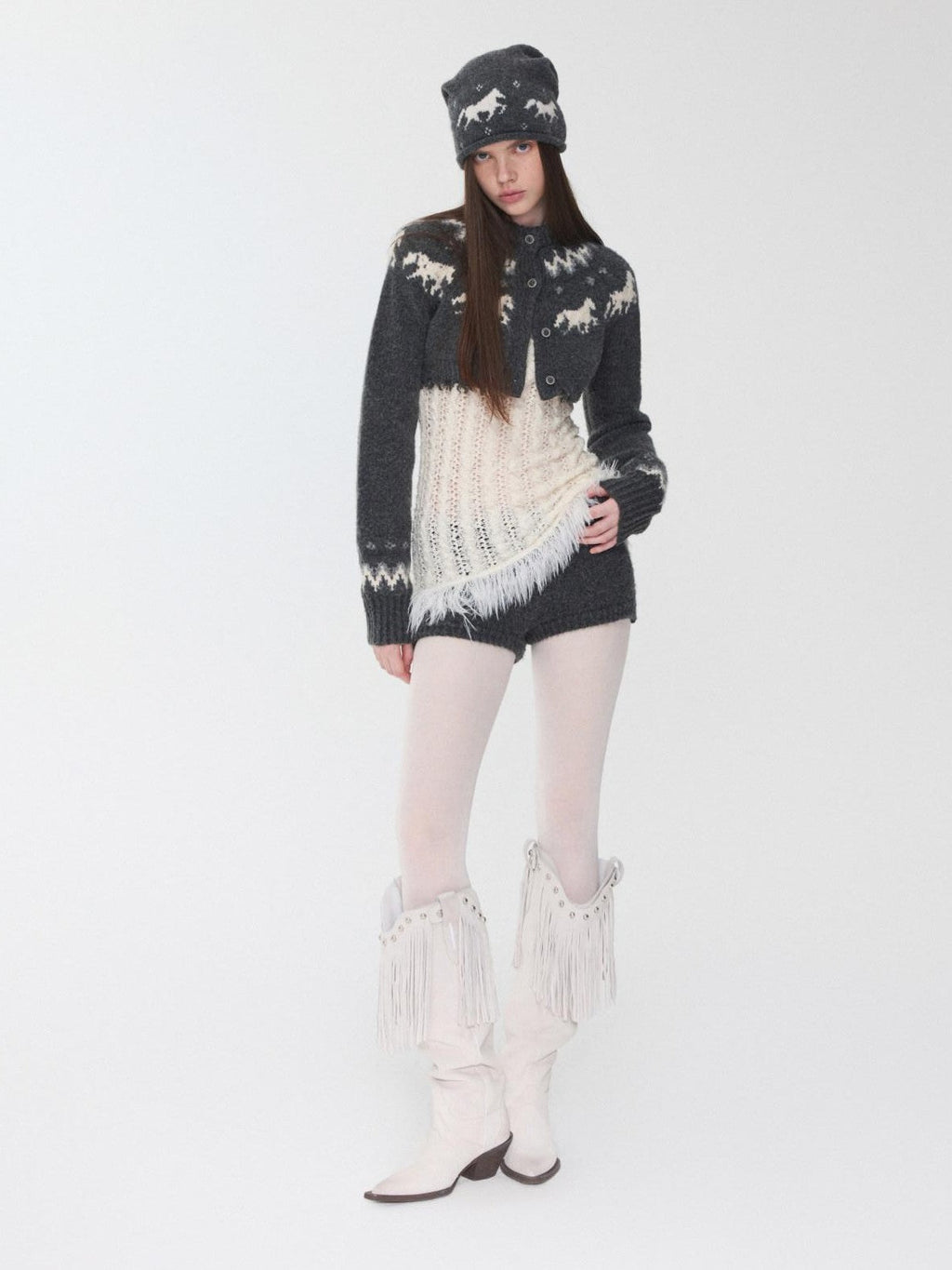 Pony Jacquard Knit Short Cardigan High Waist Women's Casual Top & Shorts Sets