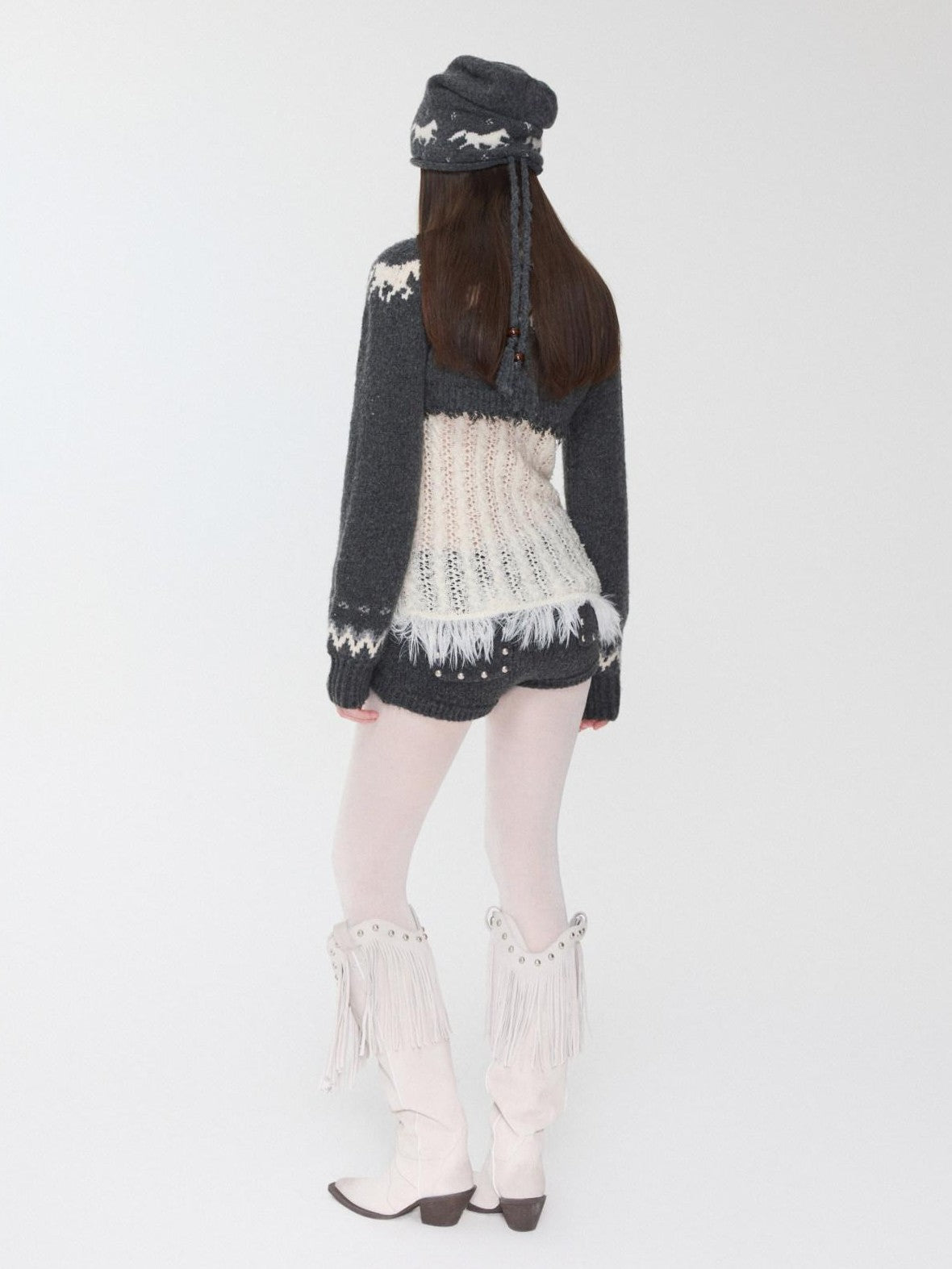 Pony Jacquard Knit Short Cardigan High Waist Women's Casual Top & Shorts Sets