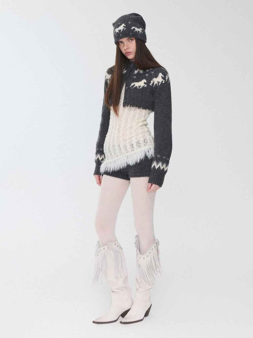 Pony Jacquard Knit Short Cardigan High Waist Women's Casual Top & Shorts Sets