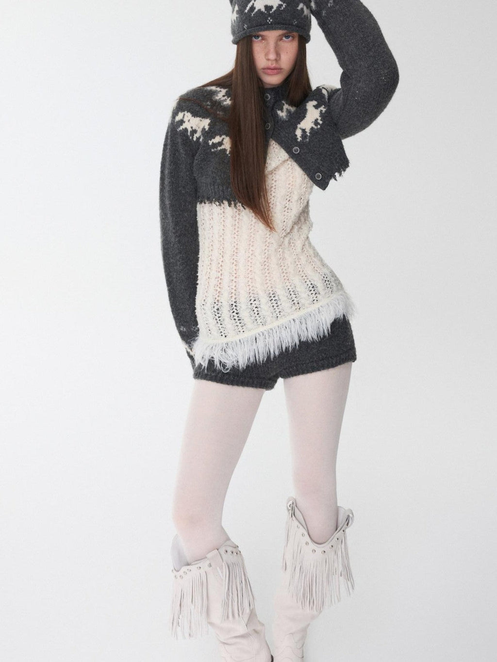 Pony Jacquard Knit Short Cardigan High Waist Women's Casual Top & Shorts Sets