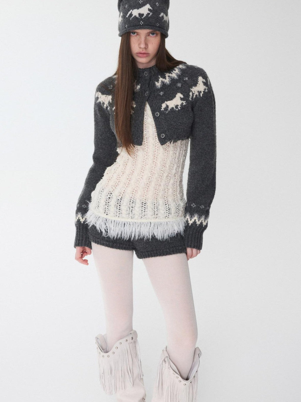 Pony Jacquard Knit Short Cardigan High Waist Women's Casual Top & Shorts Sets