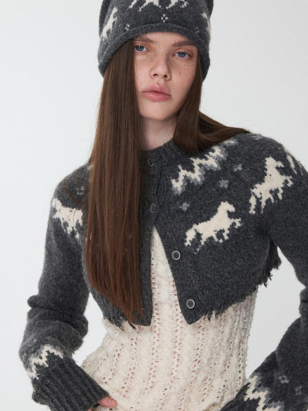 Pony Jacquard Knit Short Cardigan High Waist Women's Casual Top & Shorts Sets