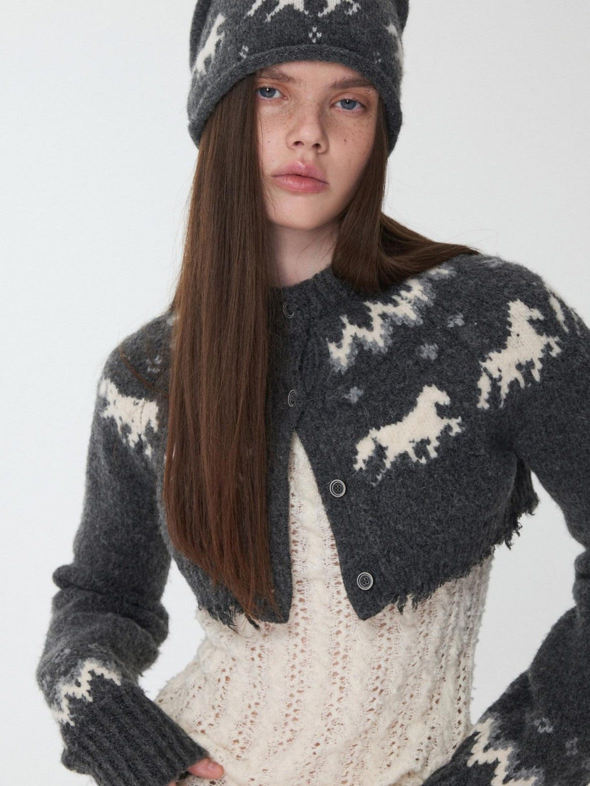 Pony Jacquard Knit Short Cardigan High Waist Women's Casual Top & Shorts Sets